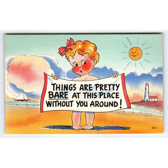 Vintage 1950s Linen Comic Postcard Bare Without You Sayings Quote - Picture 1 of 2